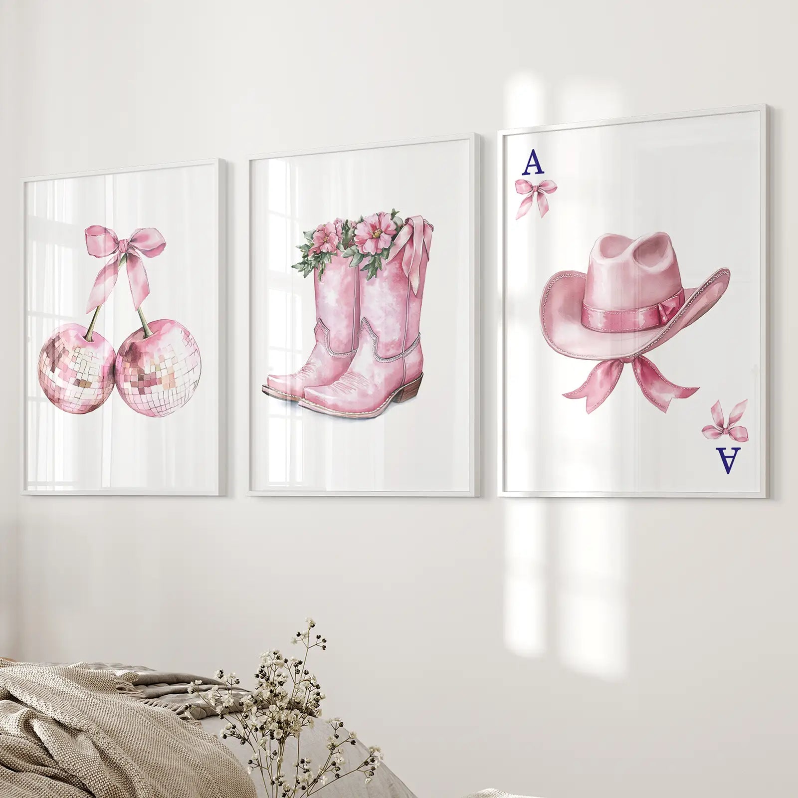 Trendy Pink Disco Cherry Wall Art Teen Room Posters. White Frames for Bedroom.