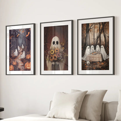 Scary Sheeting Ghosts Fall Holiday Wall Decor Posters. Black Frames with Mat Over the Couch.