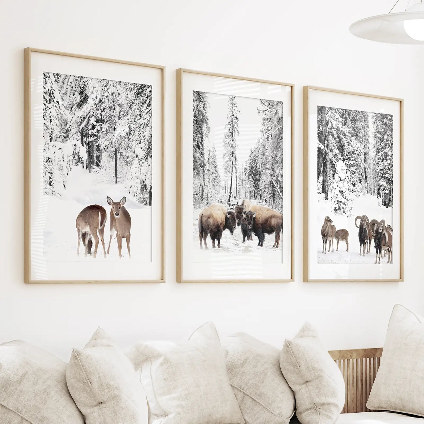 Winter Animals Wall Art Set of 3. Buffalo, Deer, Goat