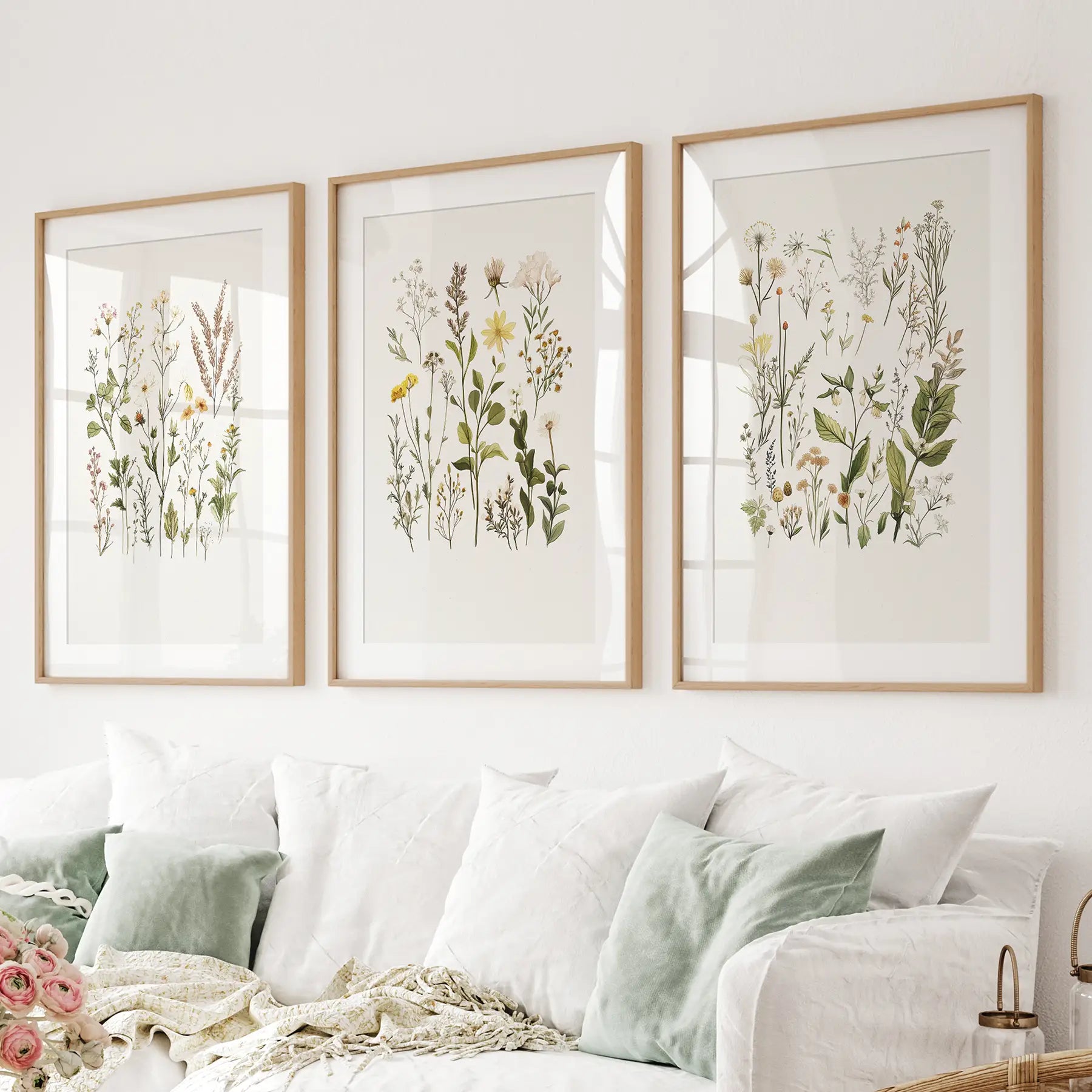 Wildflowers cottage garden art decor. Floral prints. Thinwood frames with mat for living room.