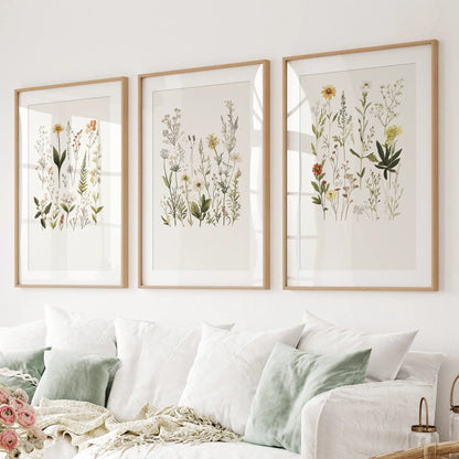 Wildflowers Field Meadow Poster Set Decor. Thinwood Frames with Mat for Living Room.