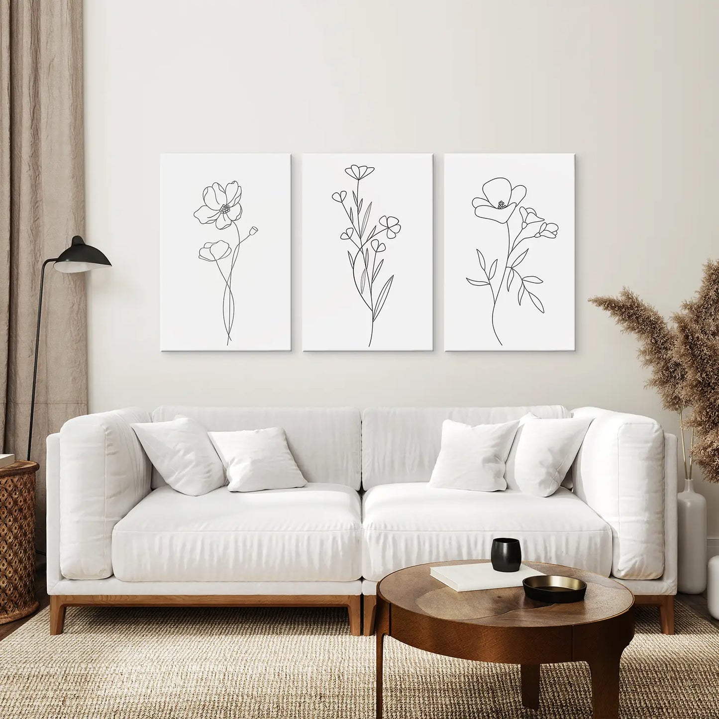 Botanical Line Art Poster Trendy Room Decor Flower Set. Stretched Canvas for Living Room.