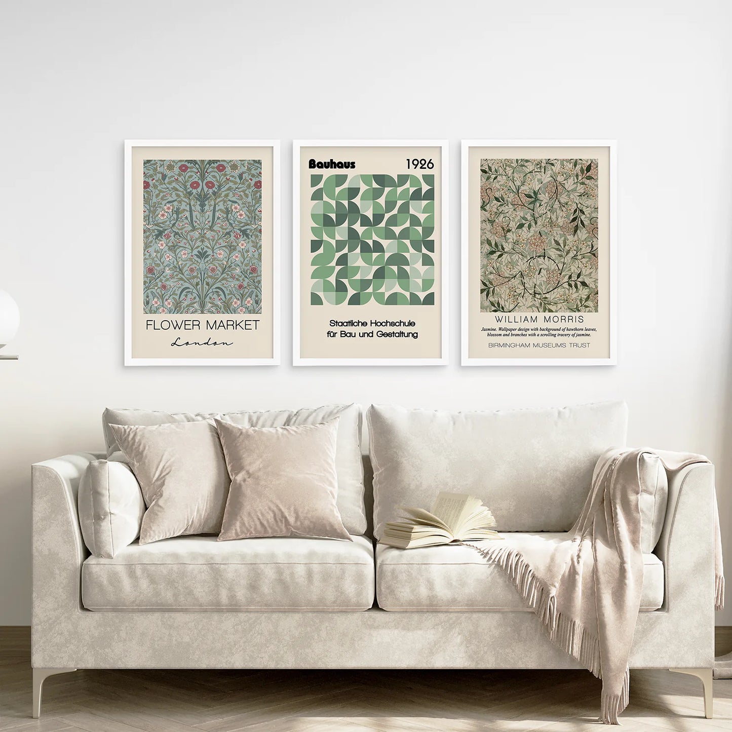 Famous Artists Printable Wall Art Decor Posters. White Frames Above the Sofa.