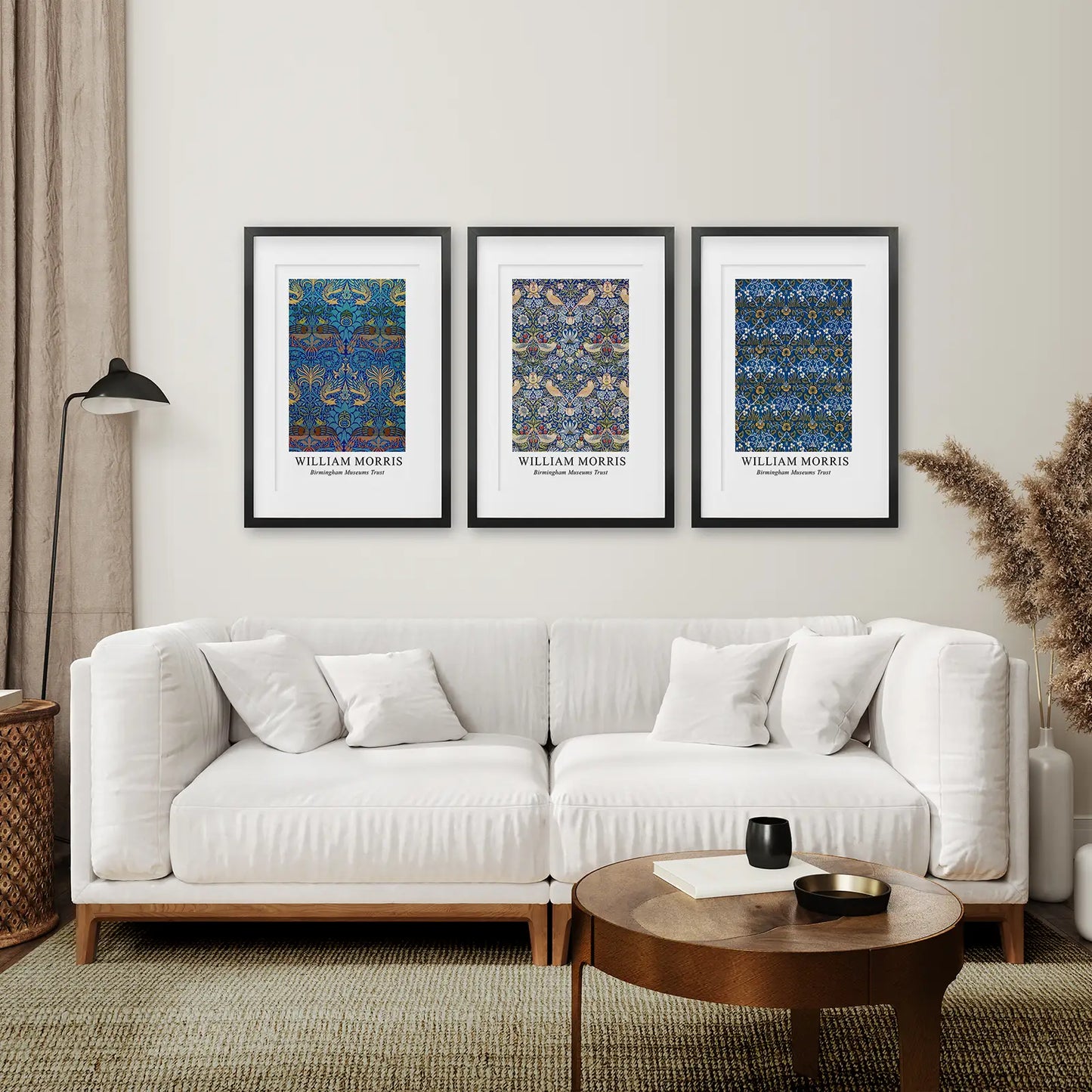 Vintage Wall Art Floral Museum Poster Set. Black Frames with Mat Above the Sofa.