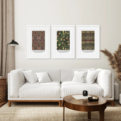 Botanical Vintage Museum Exhibition Art Posters. White Frames with Mat Above the Sofa.