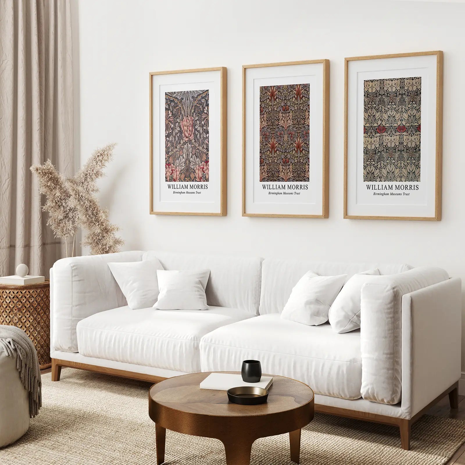 Best Selling 3 Piece Set  Botanical William Morris Prints. Thinwood Frames with Mat Over the Coach.