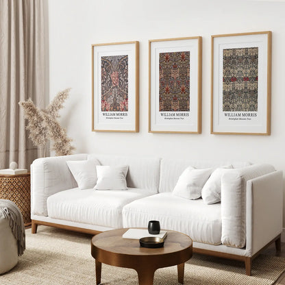 Best Selling 3 Piece Set  Botanical William Morris Prints. Thinwood Frames with Mat Over the Coach.