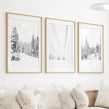 Load image into Gallery viewer, Winter Skiing Black White Wall Art. Ski Lift, Snowy Forest
