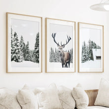 Load image into Gallery viewer, 3 Piece Christmas Wall Art. Forest, Log Cabin, Reindeer
