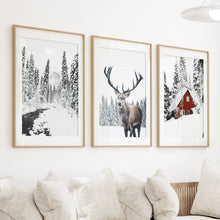 Load image into Gallery viewer, Christmas Mood Wall Art Prints. Red Log Cabin, Deer
