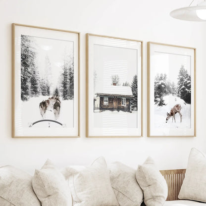 Christmas Mood Set of 3 Prints. Fawn, Log Cabin, Sledding