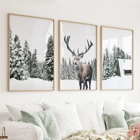 3 Piece Christmas Wall Art. Forest, Log Cabin, Reindeer