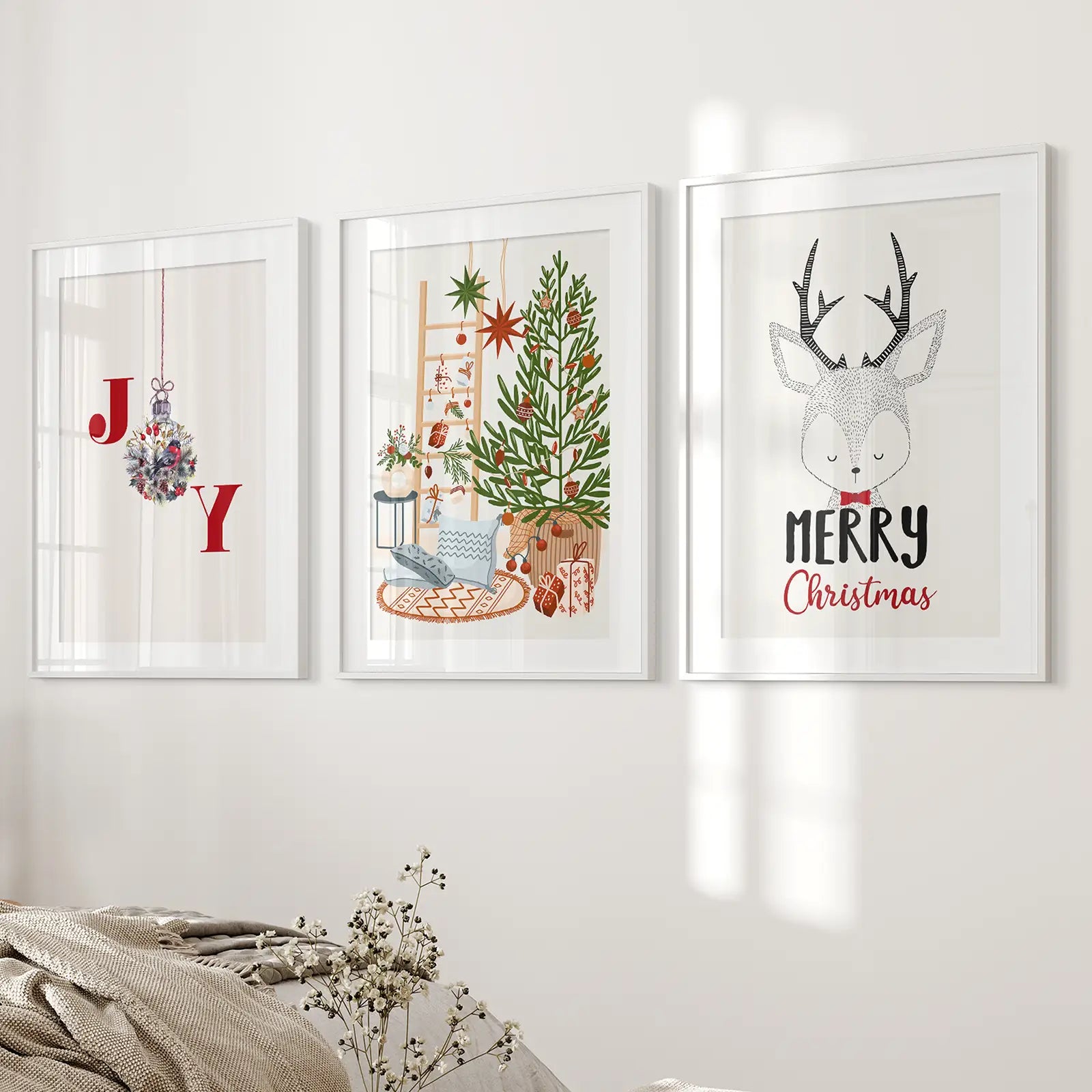 Merry Christmas Holiday Wall Art Decor Posters. White Frames with Mat for Bedroom.