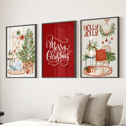 Xmas Trendy Home Decor Set Poster Wall Art. Black Frames Above the Sofa.