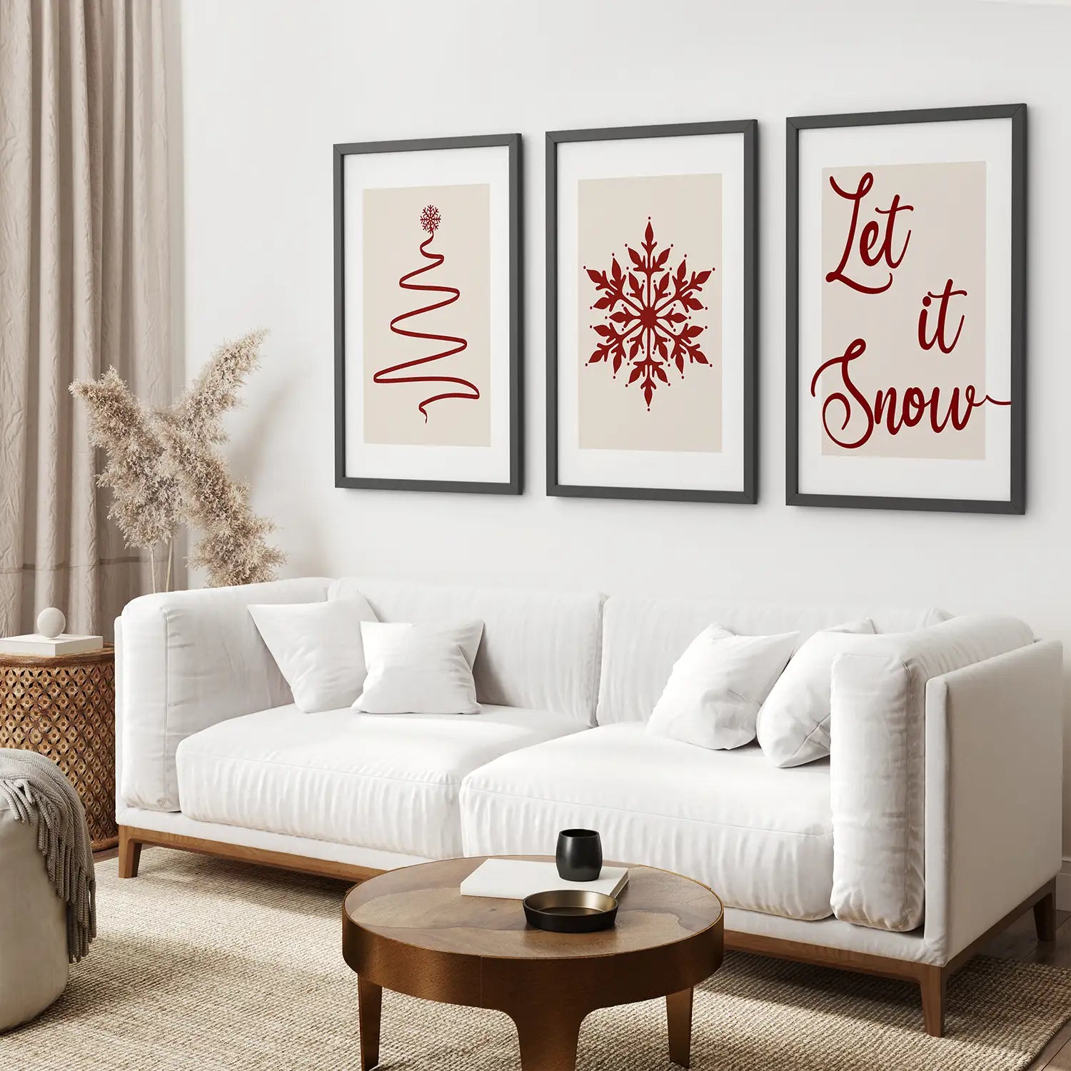 Let It Snow Modern Christmas Gift Posters. Black Frames Above the Sofa.