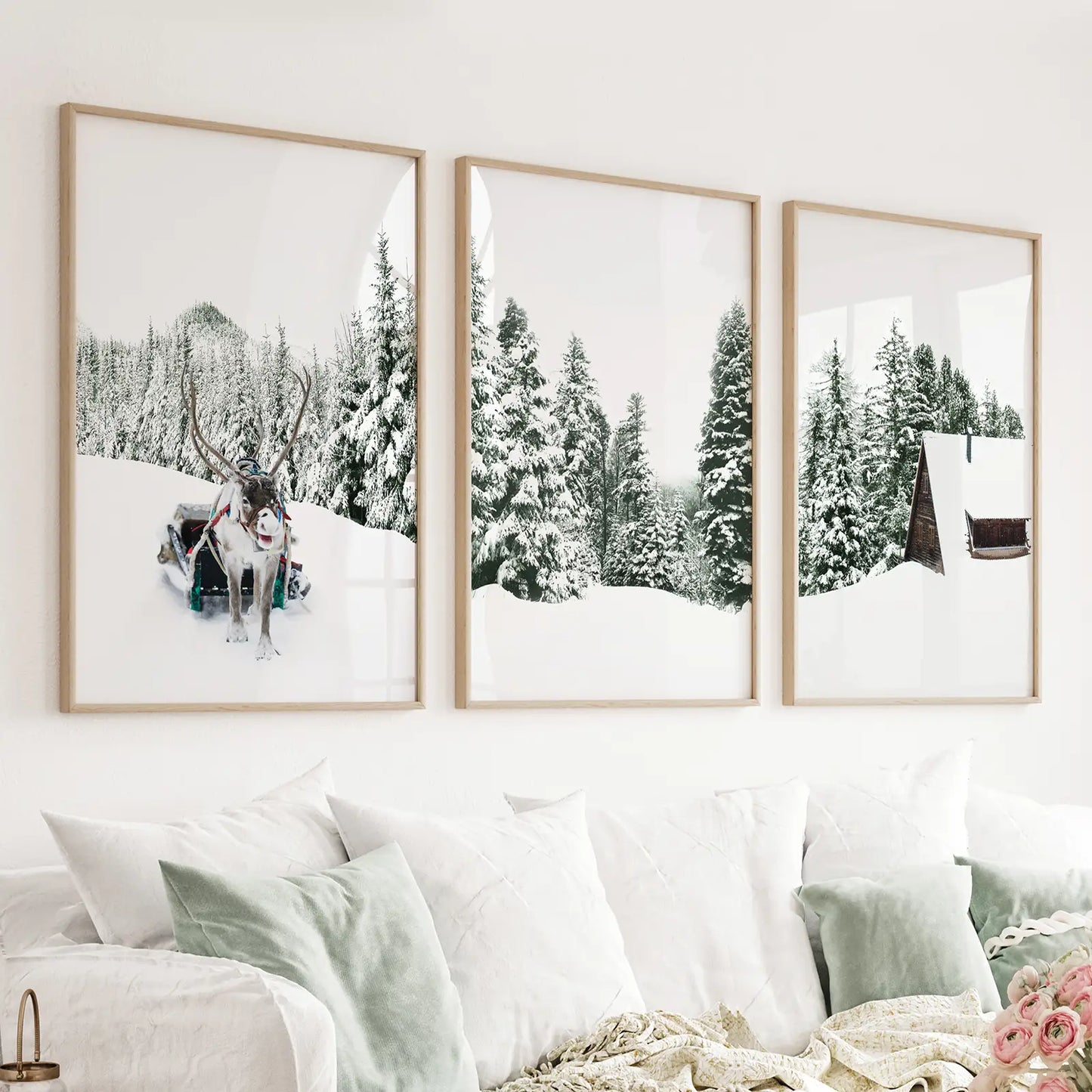 Winter Snowy Nature Triptych. Reindeer, Log Cabin, Pine Tree