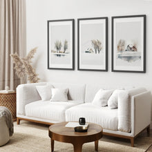 Load image into Gallery viewer, Winter Farm Nature Vintage Watercolor Wall Art. Black Frames with Mat Above the Sofa.
