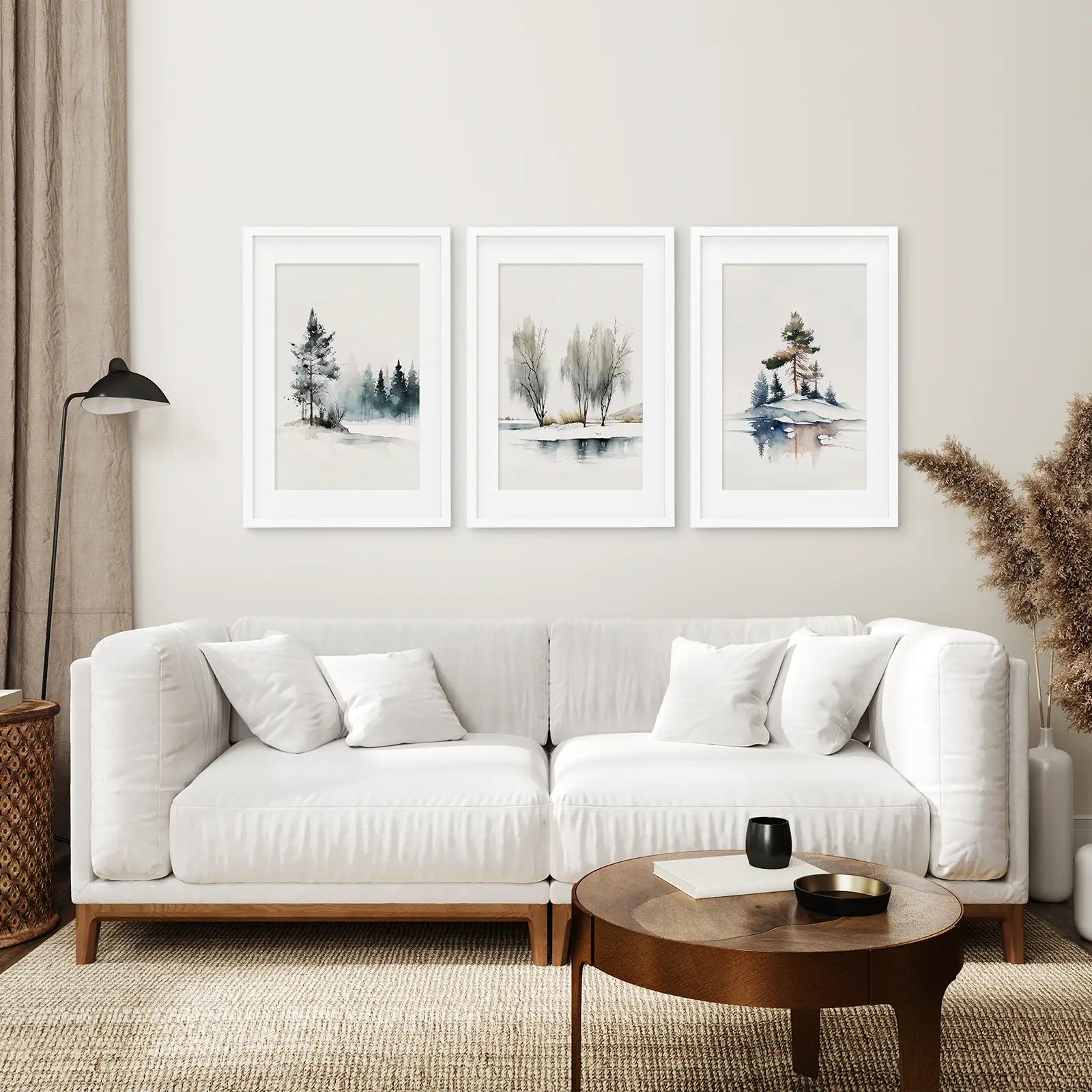 Triptych Wall Art Set Decor for Living Room . White Frames with Mat Over the Couch.