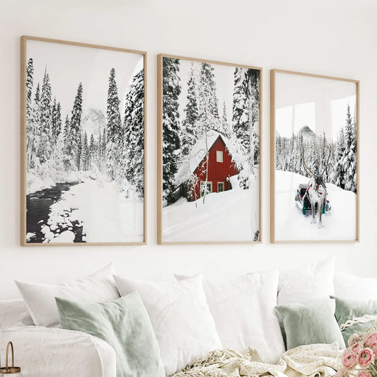 Christmas Deer Wall Art Set of 3. Red Barn, Frozen River