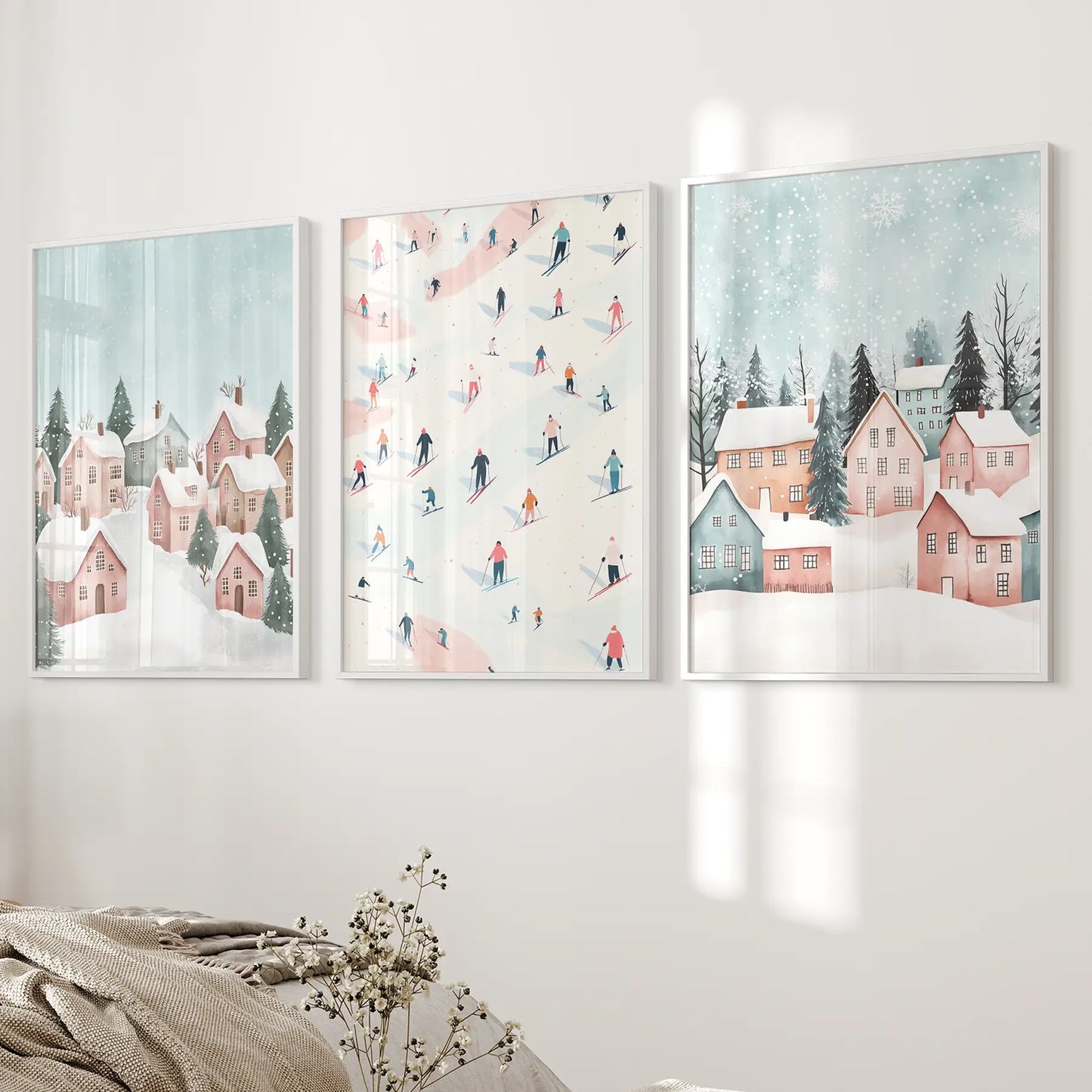 Rustic Village Print Winter Scene Modern Holiday Art. White Frames for Bedroom.