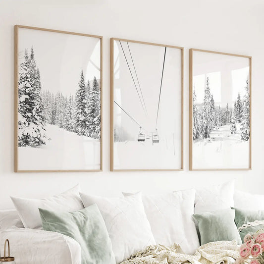 Winter Skiing Black White Wall Art. Ski Lift, Snowy Forest