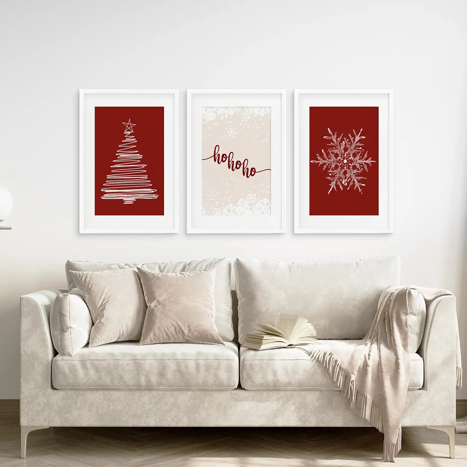 Set of 3 Prints Xmas Snowflake Trendy Art. White Frames with Mat Above the Sofa.