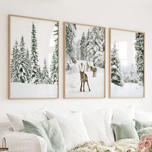 Load image into Gallery viewer, 3 Piece Winter Landscape Wall Art. Snowy Pine Forest, Fawn
