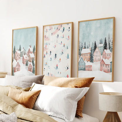 Winter Landscape House Art Xmas Poster Set. Thinwood Frames Above the Bed.