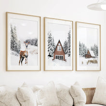 Load image into Gallery viewer, Rustic Winter Set of 3 Wall Art Prints. Animals, Log Cabin

