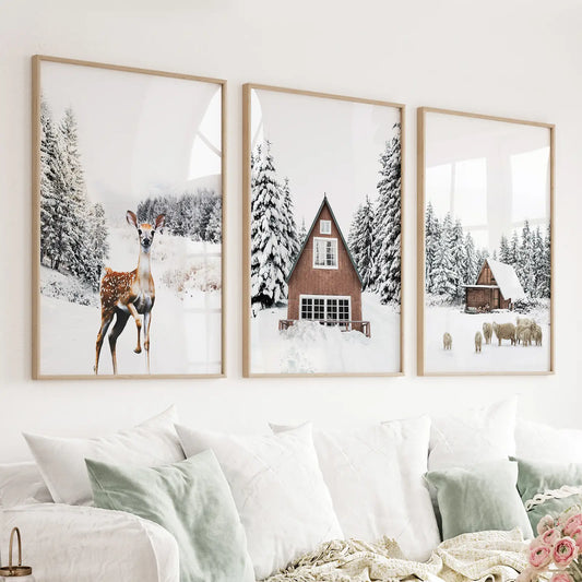 Rustic Winter Set of 3 Wall Art Prints. Animals, Log Cabin