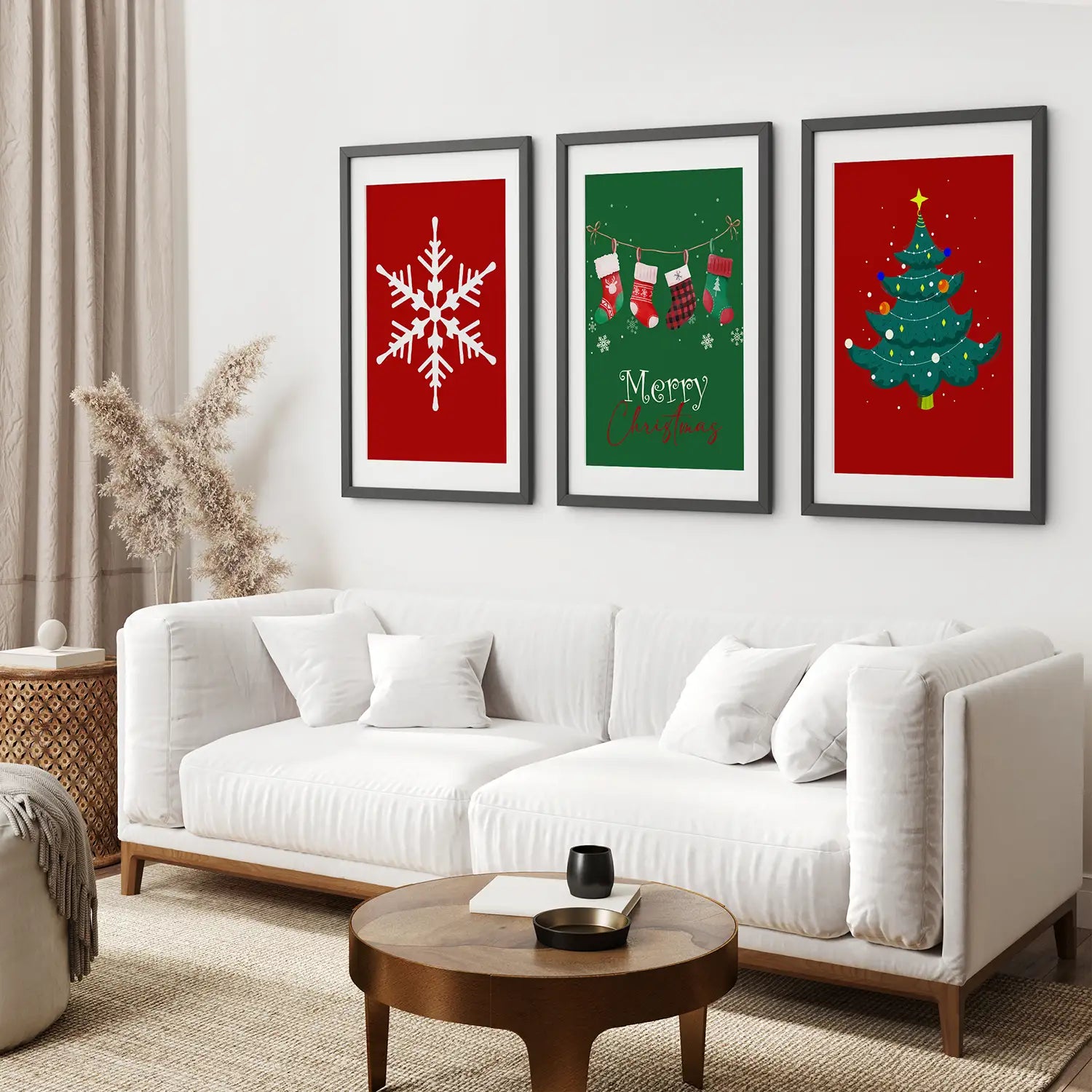 Modern Merry Christmas Saying Art Poster Decor. Black Frames with Mat Over the Coach.