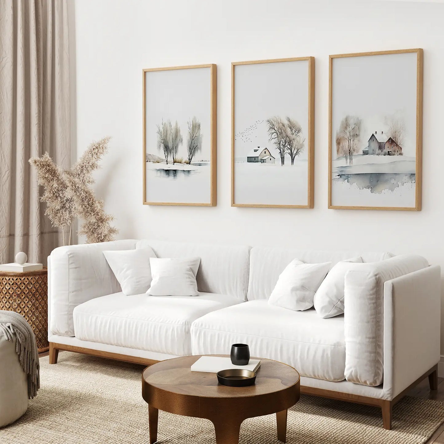 Landscape Set of 3 Piece Winter Watercolor Set. Thin Wood Frames Above the Sofa.