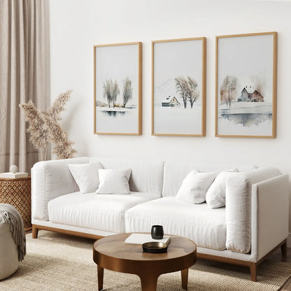 Landscape Set of 3 Piece Winter Watercolor Set. Thin Wood Frames Above the Sofa.