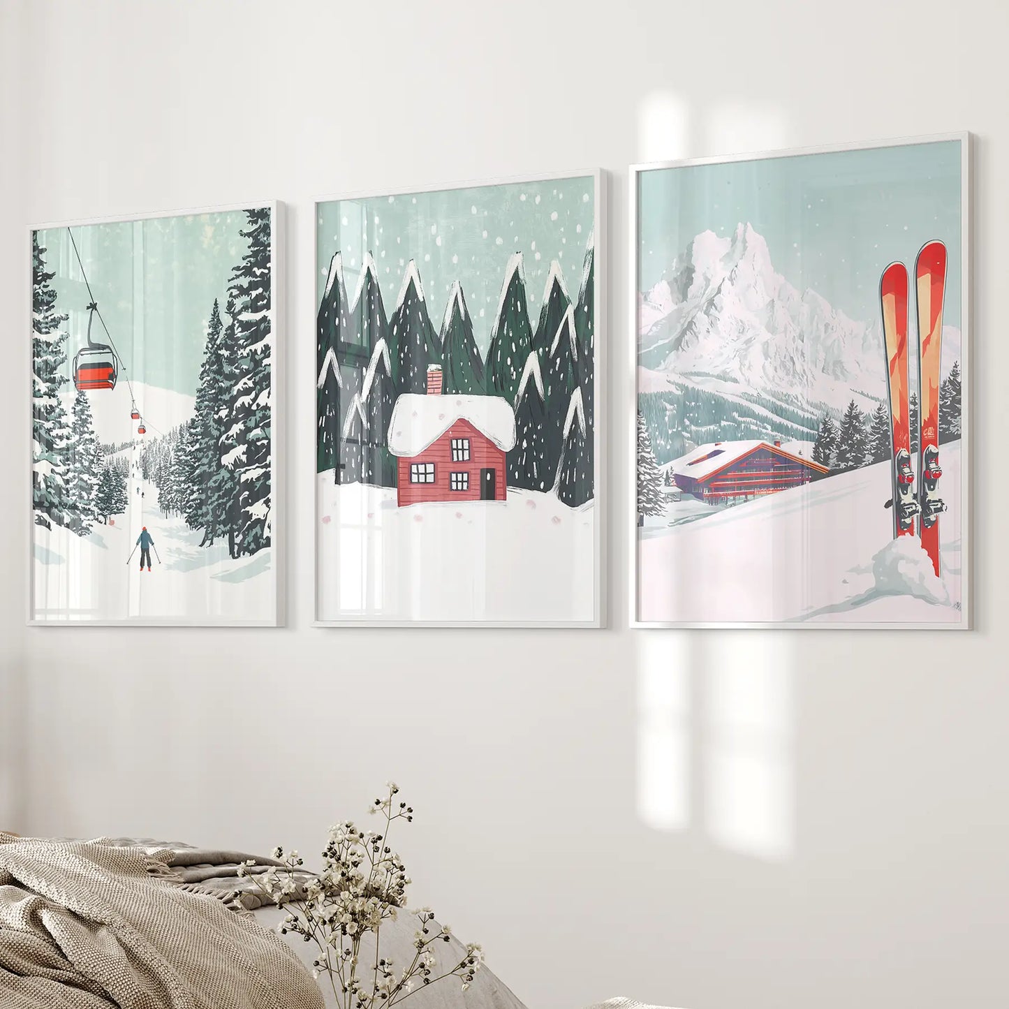 Ski Winter Sport Printable Wall Art Cottage Decor Posters. White Frames Over the Bed.