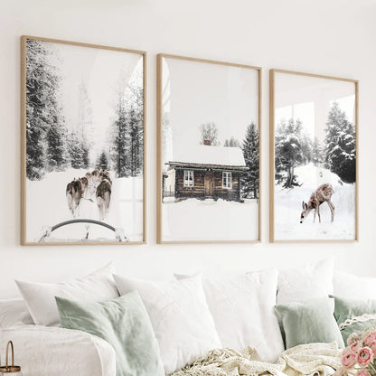 Christmas Mood Set of 3 Prints. Fawn, Log Cabin, Sledding