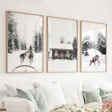 Load image into Gallery viewer, Christmas Mood Set of 3 Prints. Fawn, Log Cabin, Sledding
