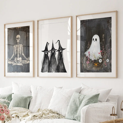 Halloween Floral Ghost Printable Art Poster Set. Thinwood Frames with Mat for Living Room.