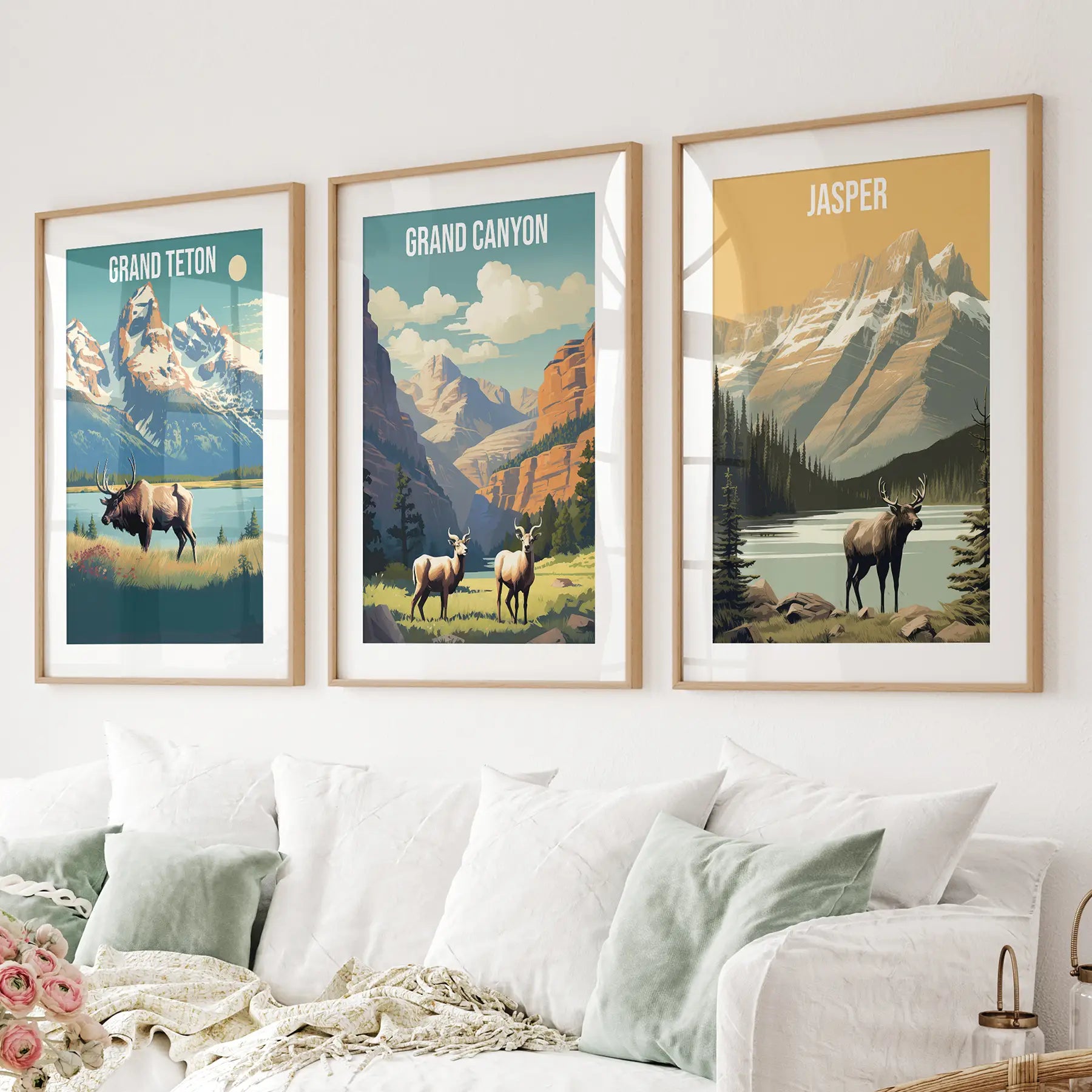 Grand Canyon print at home. Arizona art lover gift posters. Thinwood frames with mat above the sofa.