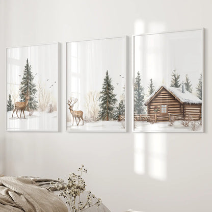 Rustic country farmhouse decor gallery wall art. Snowy winter cabin forest poster. White frames above the bed.