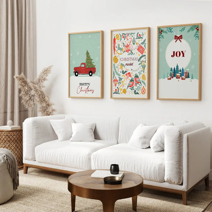 Modern Winter Landscape Printable Wall Art. Thin Wood Frames Above the Sofa.