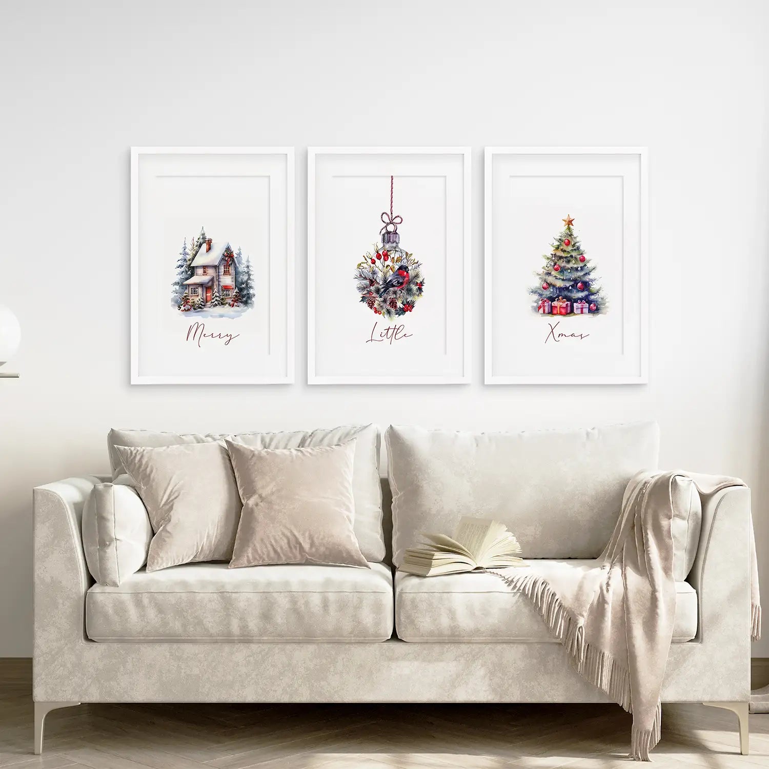 Snowy Xmas Decorations Watercolor Art Prints. White Frames with Mat for Living Room.