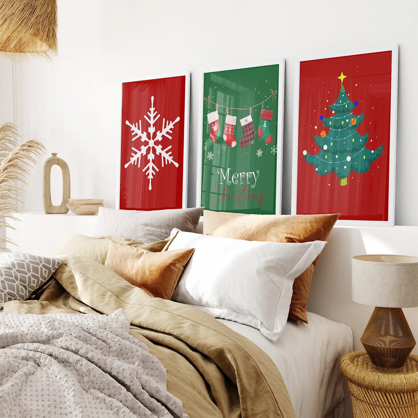 Christmas Tree Red Green Holiday Art Prints Set. White Frames for Bedroom.