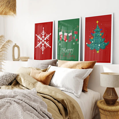 Christmas Tree Red Green Holiday Art Prints Set. White Frames for Bedroom.