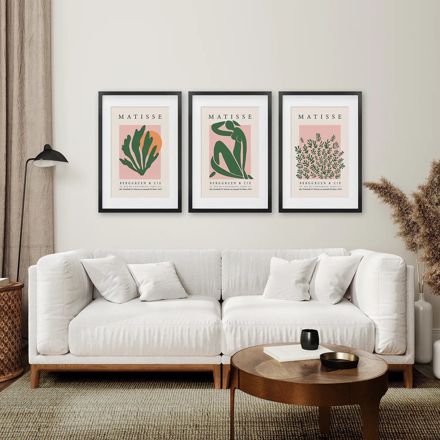 Matisse Artwork Set Pink Green Botanical Wall Art. Black Frames with Mat for Living Room.