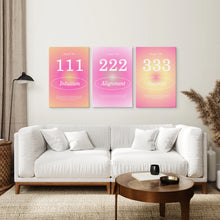 Load image into Gallery viewer, Colourful Angel Number 333 Harmony Set of 3 Piece. Wrapped Canvas Above the Sofa.
