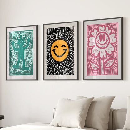 Maximalist Groovy Hippie Poster Art Decor. Black Frames for Living Room.