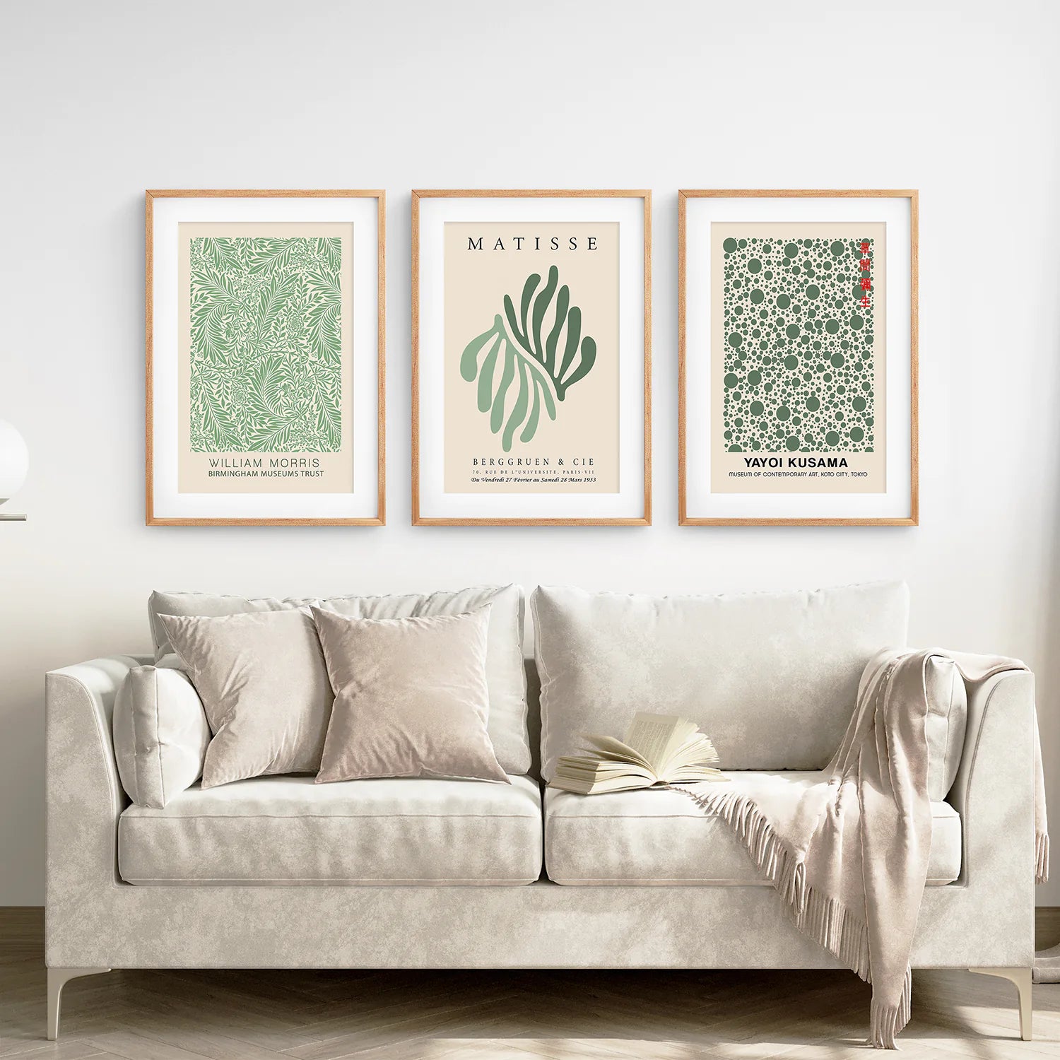 William Morris Abstract Gallery Wall Decor Set. Thin Wood Frames with Mat Above the Sofa.