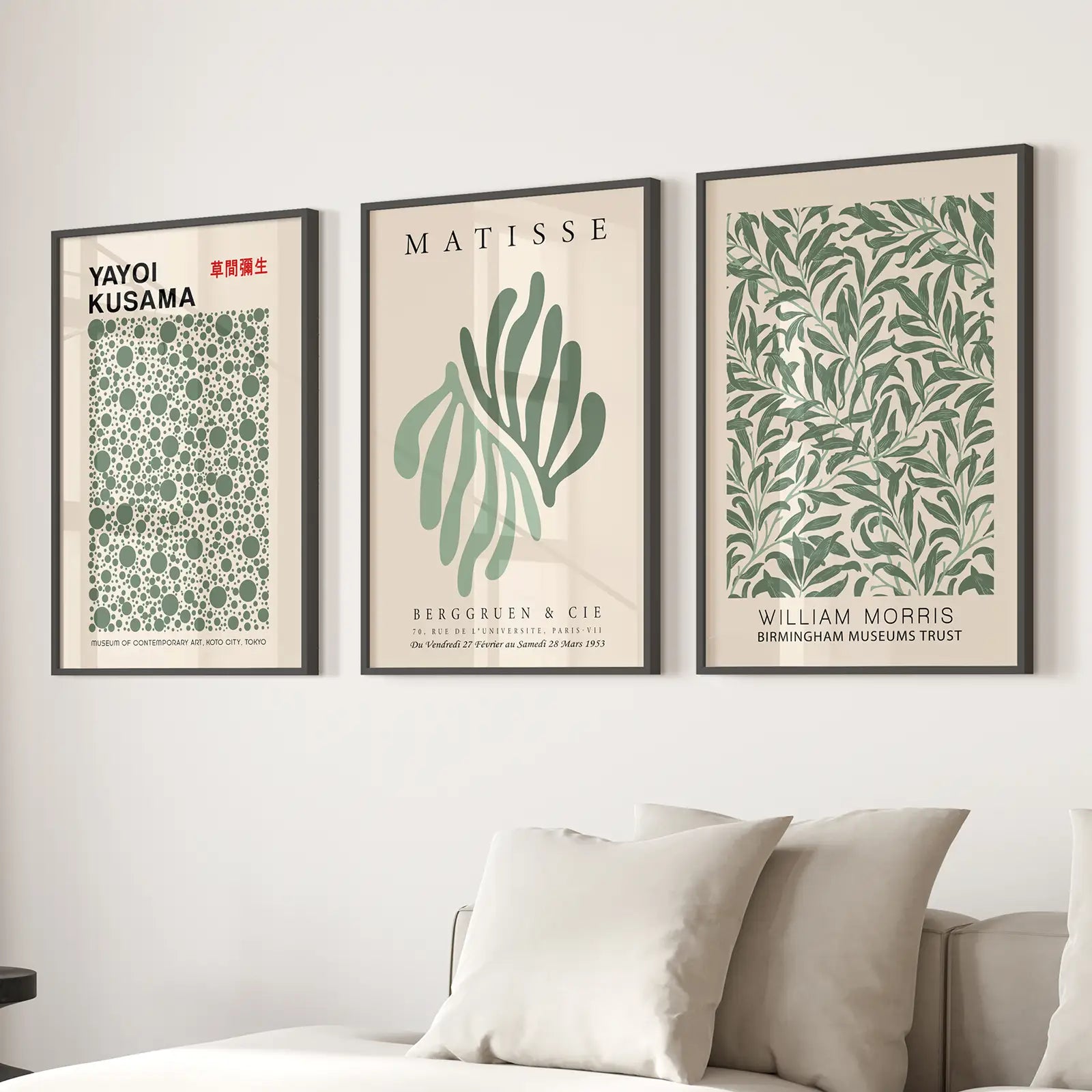 Morris Flower Poster Modern Wall Art Decor Set. Black Frames Over the Couch.