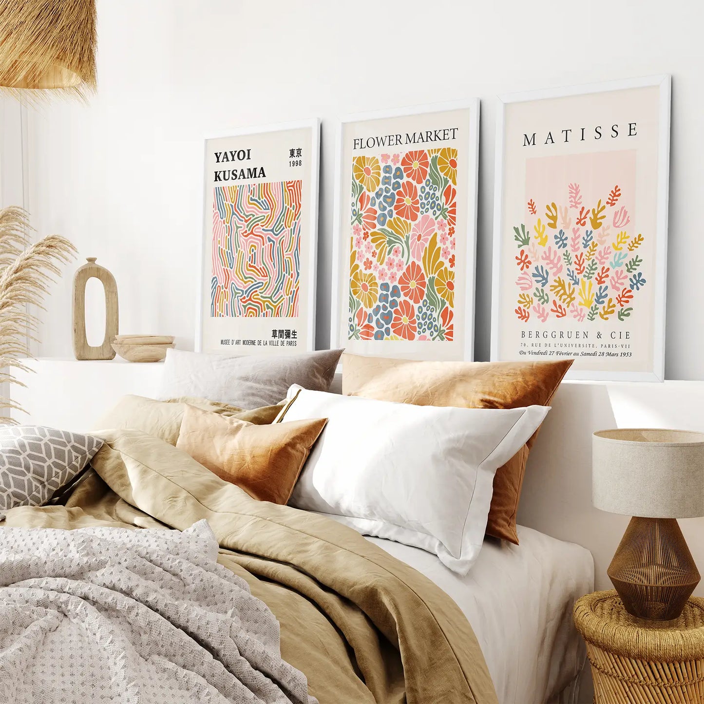 Best Selling Wall Decor Flower Market Poster Set. White Frames Over the Bed.