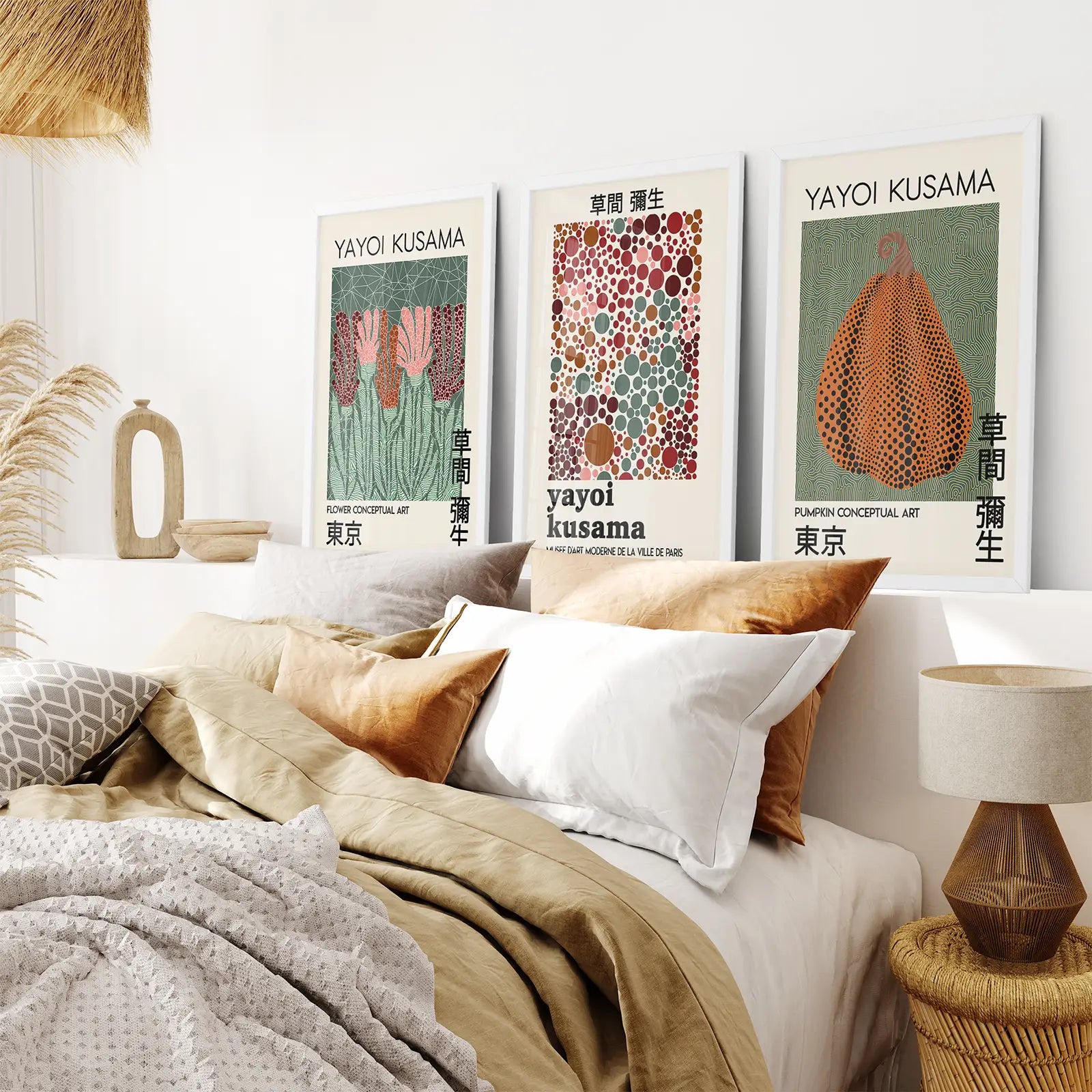 Yayoi Kusama Trendy Abstract Set of 3 Prints. White Frames Over the Bed.